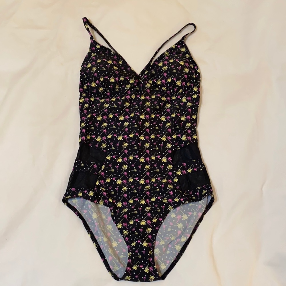 Bawdy Black Palm Tree One Piece Swimsuit, Medium